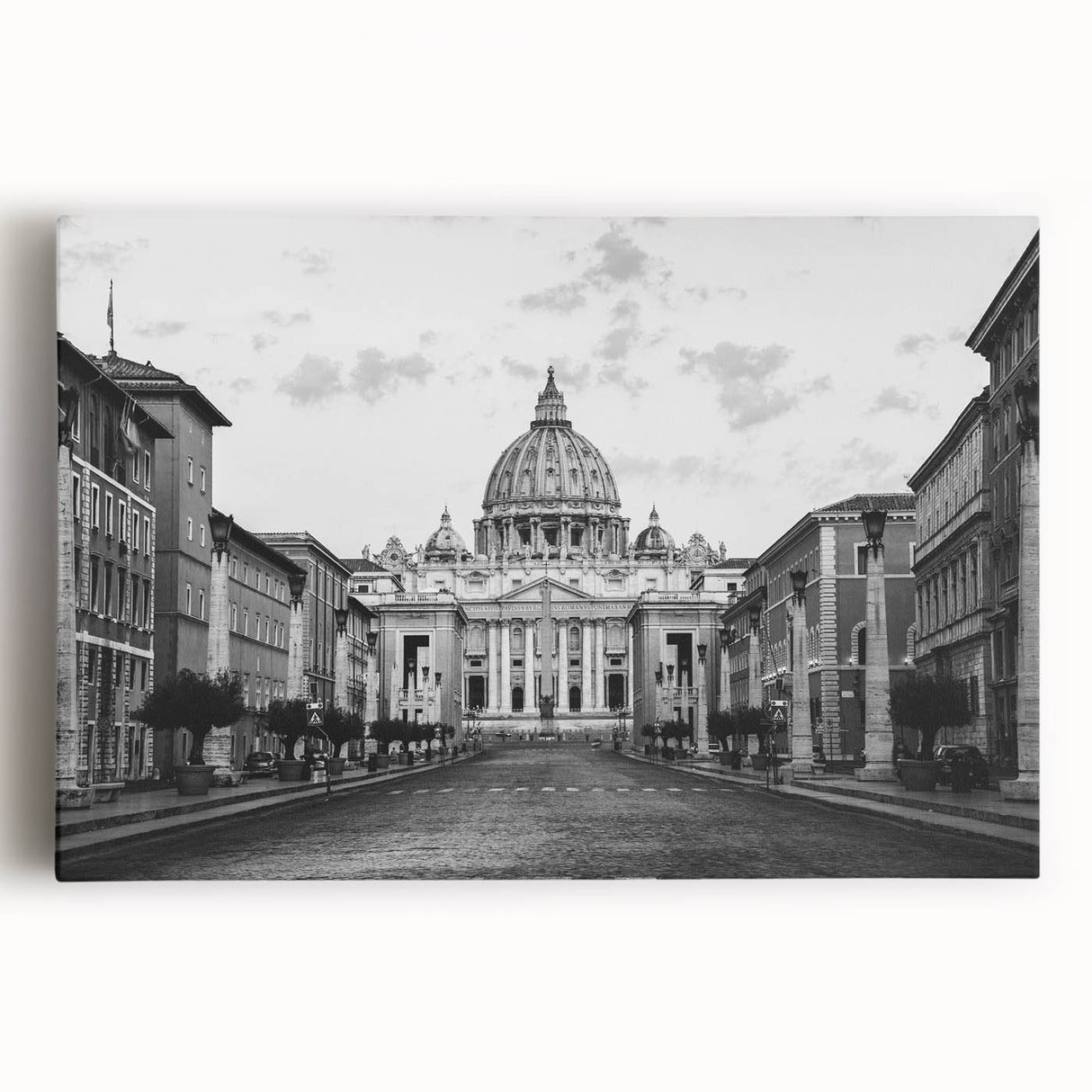 Black and white photo of a cathedral on stretched canvas, ideal for kitchen wall art.