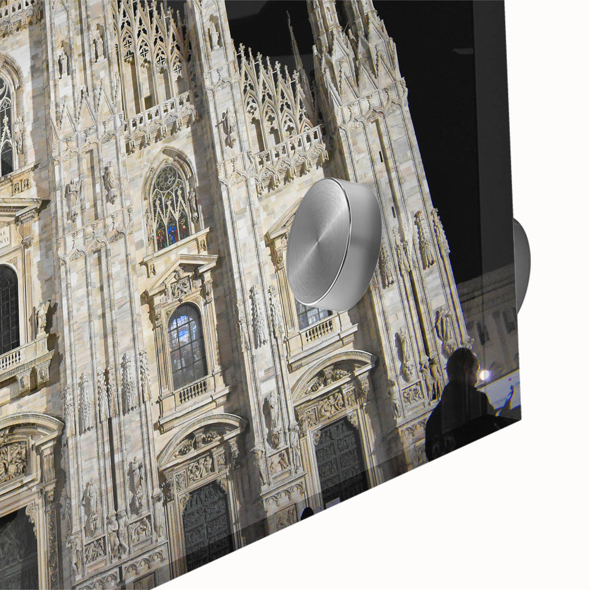 Mid-century modernist large abstract wall art of a cathedral, in muted gray and blue tones on acrylic glass.