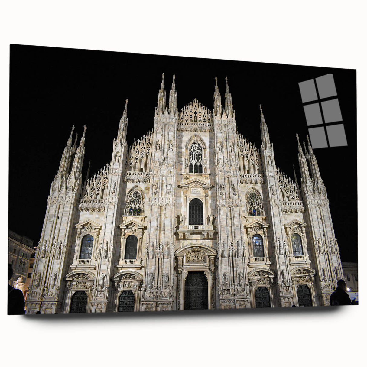 Abstract cathedral design in muted gray and blue tones on large acrylic glass, suitable for bedroom or dining room art.
