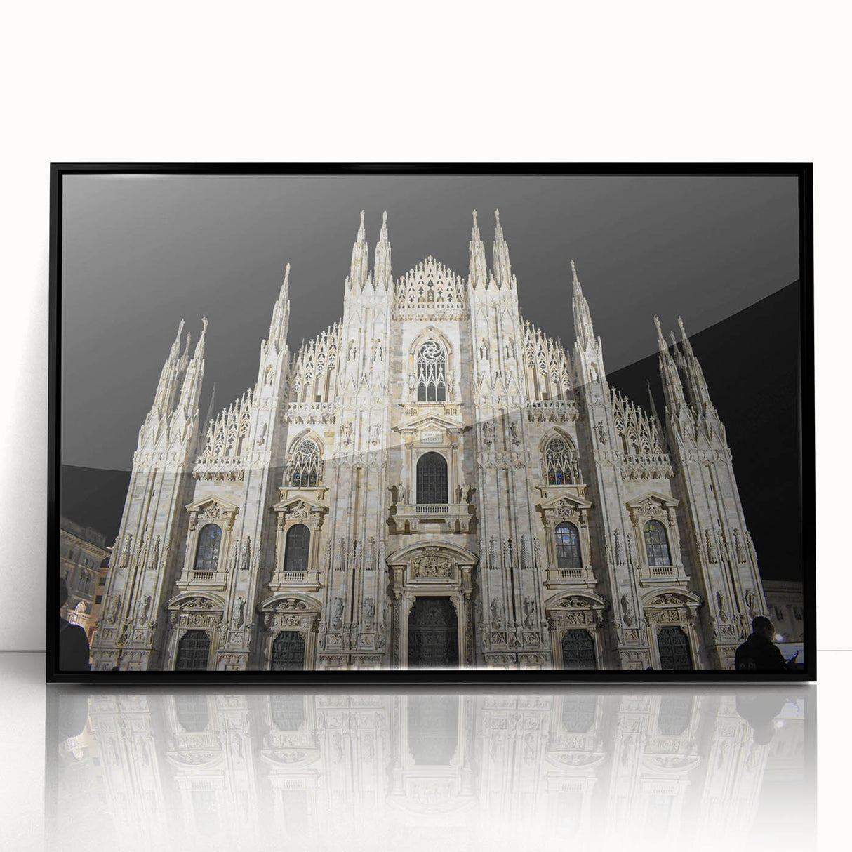Large abstract wall art featuring geometric shapes in black and white, framed in black acrylic.