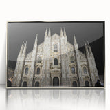 Art Deco style poster of a cathedral, in muted silver and gray tones, acrylic framed, suitable for modern art wall decor.