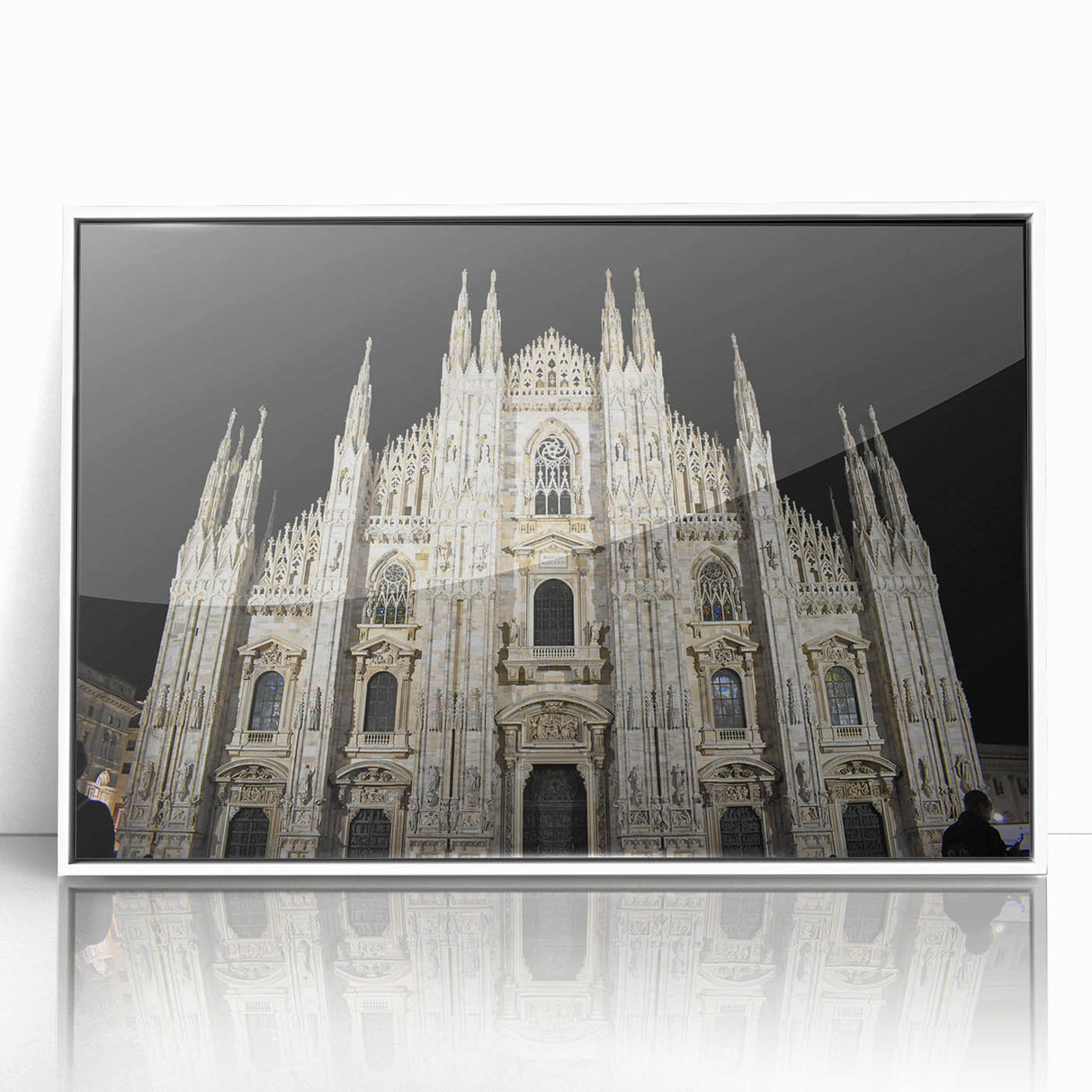 A mid-century modernist cathedral print in muted gray tones on a framed acrylic, suitable for modern art wall decor.