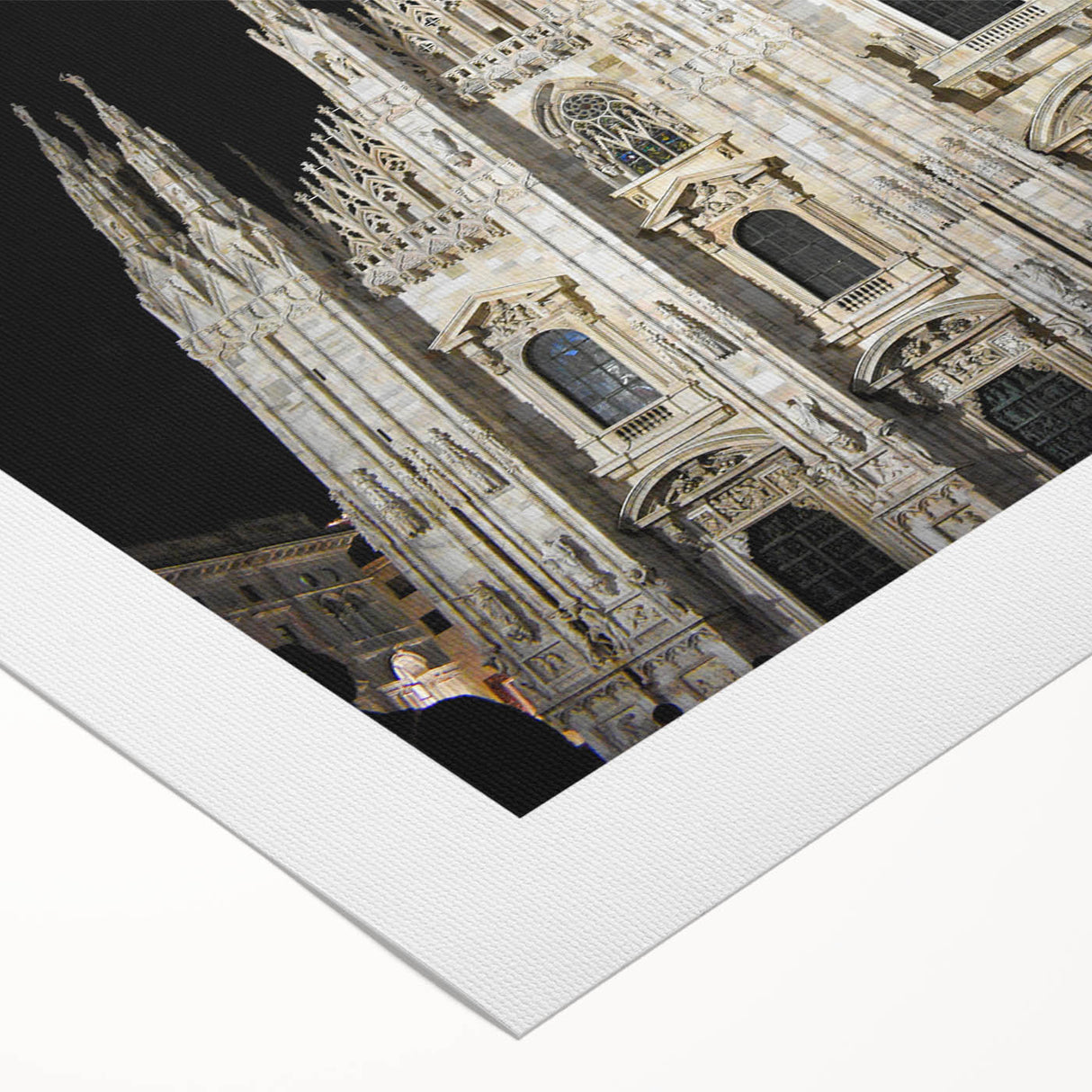 Art deco poster of a cathedral, in muted gray and blue tones on rolled canvas, suitable for dining room wall art.