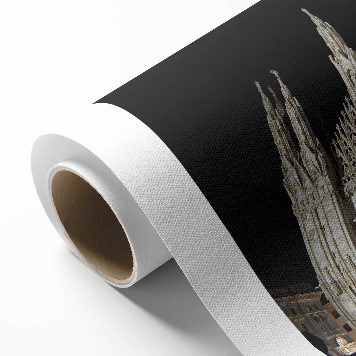 Art deco poster of a cathedral on rolled canvas, in soft pastel colors, ideal for nursery wall art.