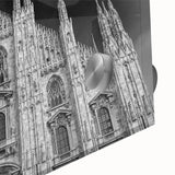 Large abstract wall art featuring a mid-century modernist cathedral design in muted gray tones on acrylic glass.