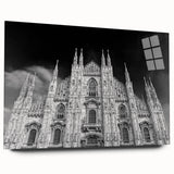 Large abstract wall art of a cathedral design in muted gray tones on acrylic glass.