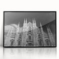 Large abstract wall art featuring a mid-century modernist cathedral design in black and white tones on a framed acrylic.