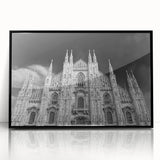 Large abstract wall art featuring a mid-century modernist cathedral design in black and white tones on a framed acrylic.