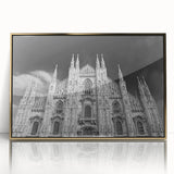 Mid-century modernist art of a cathedral in acrylic, framed in gold, with pastel hues, ideal for nursery wall art.