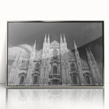 Art deco poster featuring a cathedral design in silver and gray tones on a framed acrylic.