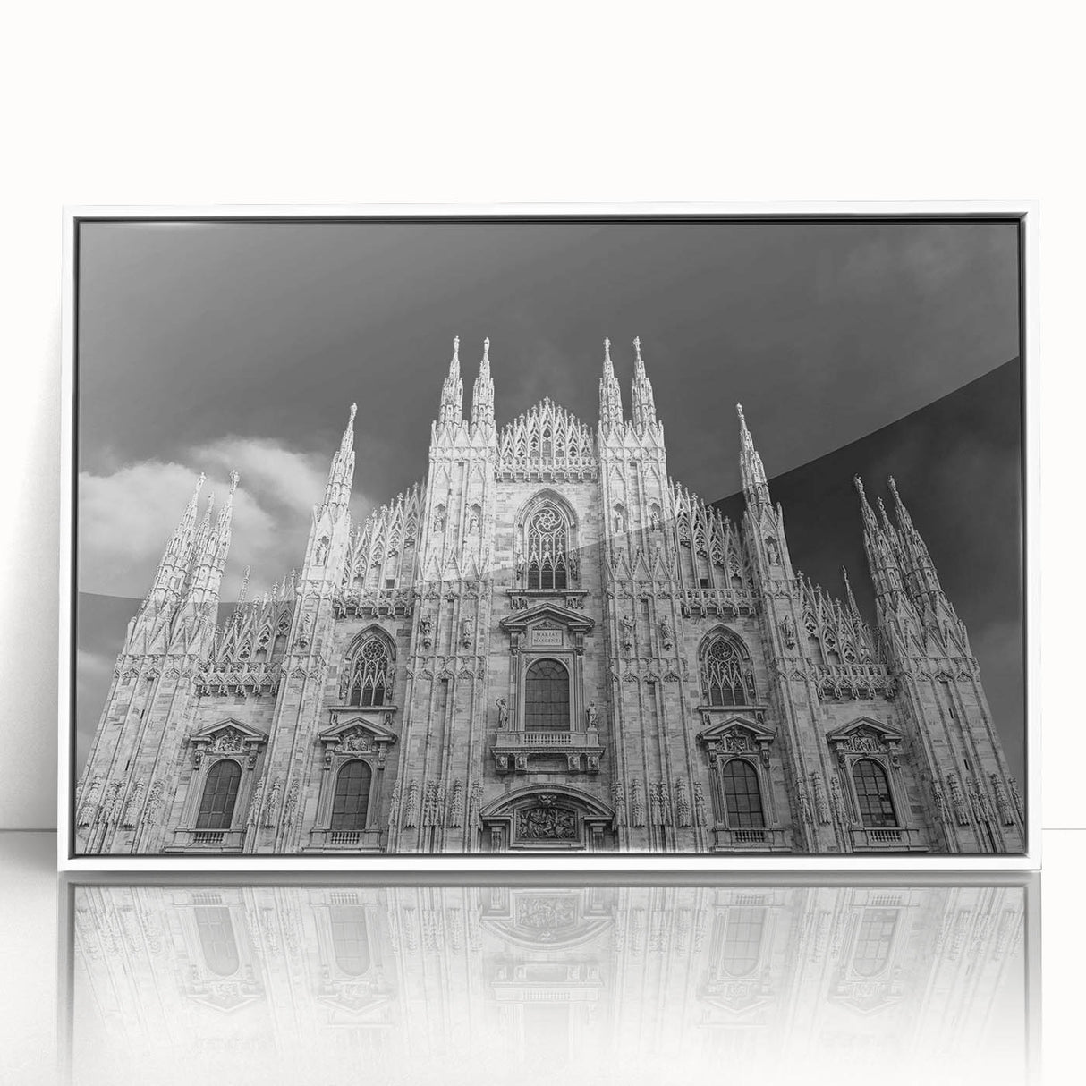 Mid-century modernist cathedral design on large acrylic print with neutral tones, ideal for modern art wall decor.