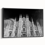Black and white vintage poster art of a cathedral, printed on framed canvas, suitable for bedroom wall decor.