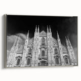 Vintage poster art of a cathedral in muted black and silver tones on a framed canvas, suitable for living room decor.