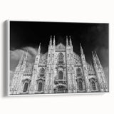 Framed canvas of a vintage black and white cathedral landscape, ideal for bedroom wall decor.