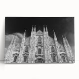 Black and white stretched canvas of a cathedral design, ideal for kitchen wall art or bedroom ambiance.