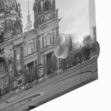 Large abstract wall art featuring mid-century modernist church design in muted earth tones, acrylic print.