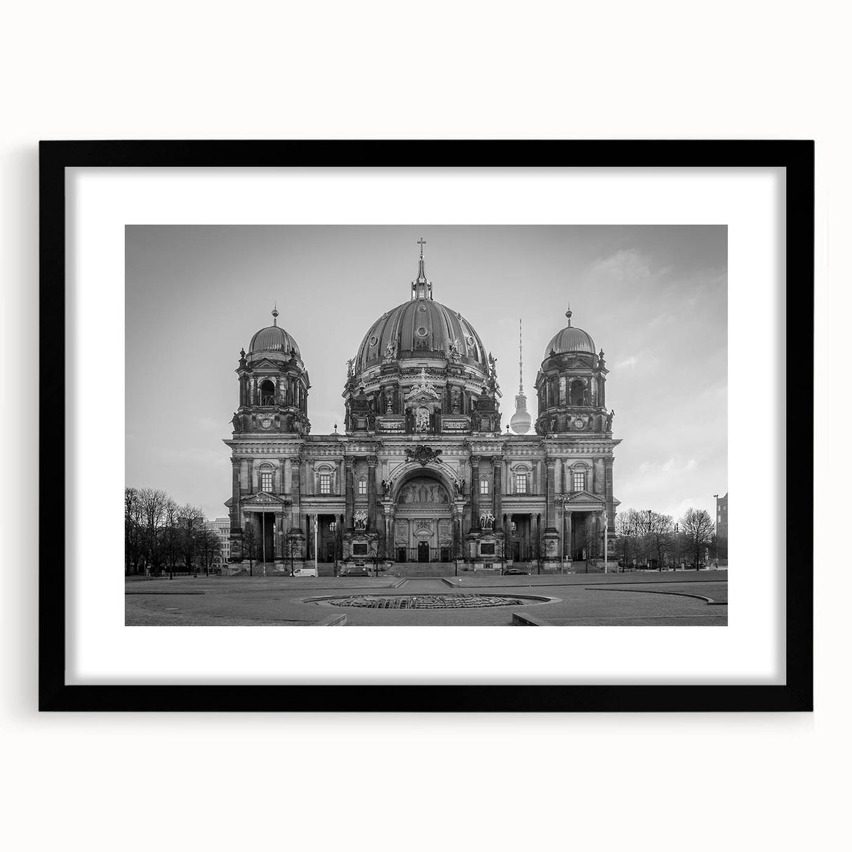 Abstract art print featuring a colorful church design in textured style on a large black framed canvas.