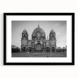 Abstract art print featuring a colorful church design in textured style on a large black framed canvas.