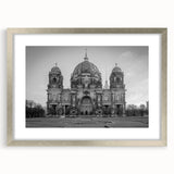 Abstract art print of a church in muted gray and silver tones, framed in silver, suitable for dining room decor.