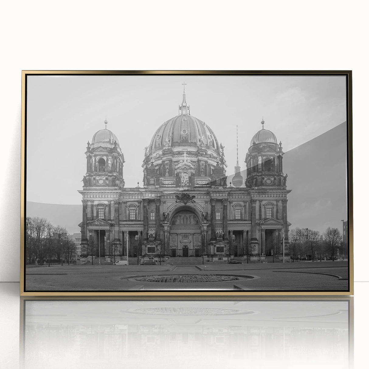 Mid-century modernist church design in gold and white tones on a framed acrylic, suitable for nursery wall art.
