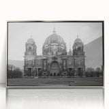Art Deco poster featuring a stylized church design in silver and gray tones on a framed acrylic.
