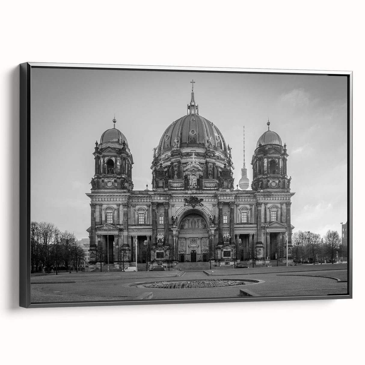 Black and white landscape art painting of a church, in a vintage poster style on framed canvas, ideal for bedroom decor.