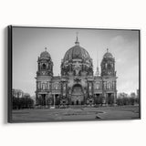 Black and white landscape art painting of a church, in a vintage poster style on framed canvas, ideal for bedroom decor.