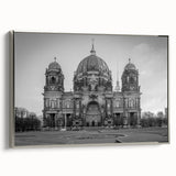 Vintage poster art of a church in colorful tones on a large framed canvas, ideal for living room decor.