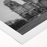 Art deco poster featuring a stylized church design in muted gold and blue tones on rolled canvas.