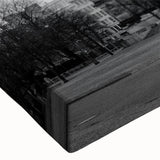 Large art depicting a serene landscape painting on stretched canvas, executed in black and white tones.