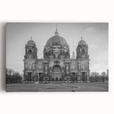 Black and white stretched canvas featuring a large church design, ideal for kitchen wall art.