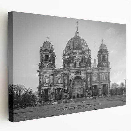 Side view of a large stretched canvas featuring a minimalist church design in muted earth tones, ideal for kitchen wall art.