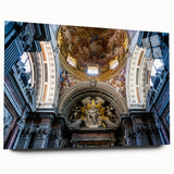 Large abstract wall art on acrylic glass featuring dynamic geometric shapes in bold blue and orange.