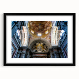 Extra large abstract art print of a textured church design in muted earth tones on a framed black canvas.