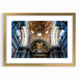 Textured abstract art print of a church, in muted gold and white tones on a framed canvas, suitable for bedroom decor.