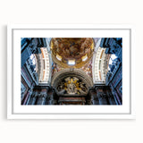 Extra large abstract art print featuring a colorful, textured depiction of a church, presented in a white frame.