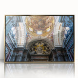 Mid-century modernist art deco poster depicting a church, in gold and white tones, acrylic framed.