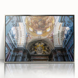 Art Deco poster of a church in muted silver and gray tones, acrylic print framed in silver.