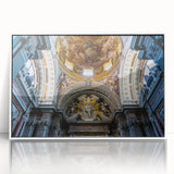 Mid-century modernist church design in muted gray and blue tones on a large framed acrylic print.