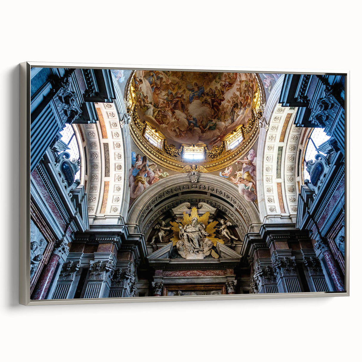 Vintage poster art of a church in vibrant colors on a large framed canvas, ideal for living room decor.