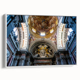 Framed canvas depicting a vintage poster of a black and white church landscape, ideal for bedroom wall art.