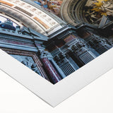 Art deco poster featuring a geometric church design in muted gold and blue tones on rolled canvas.