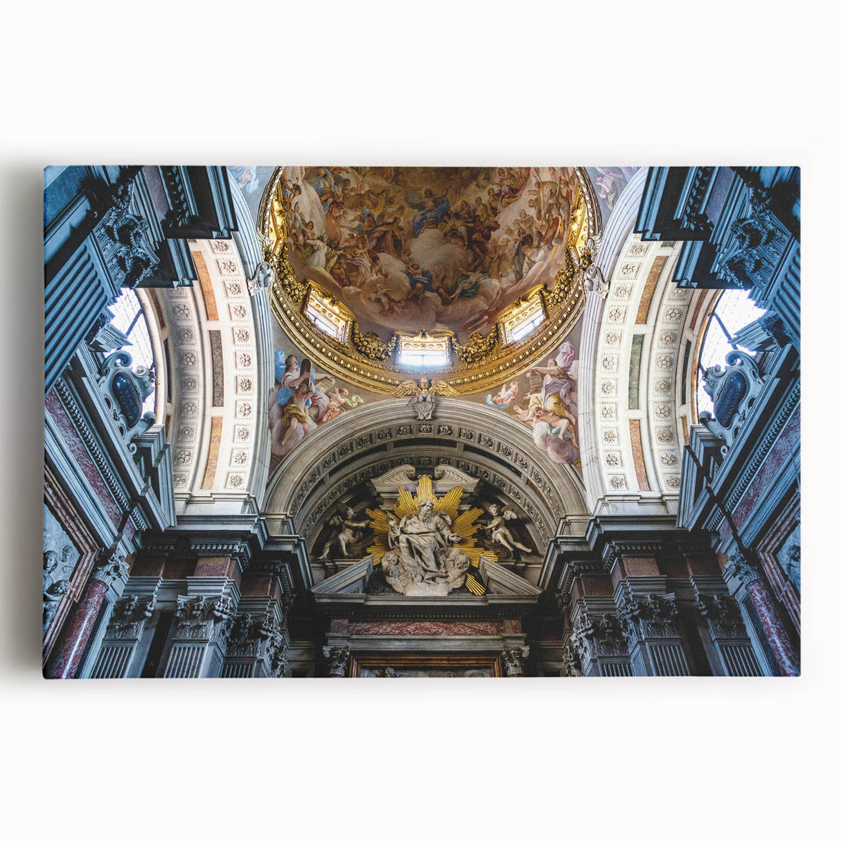 Black and white photo of a church, printed on large stretched canvas, ideal for kitchen wall art.