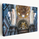 Large stretched canvas featuring a detailed church design in muted earth tones, ideal for kitchen wall art.