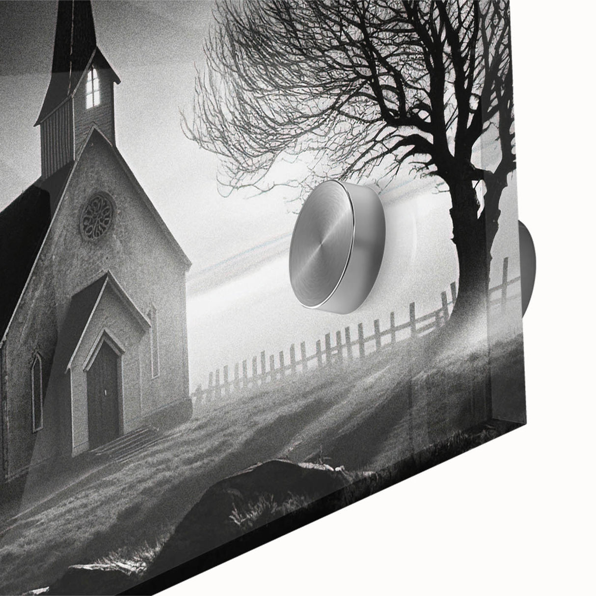 Large abstract wall art featuring mid-century modernist church design in muted pastels on acrylic glass.