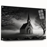 Large abstract wall art on acrylic glass depicting a modernist church design in muted gray and blue tones.