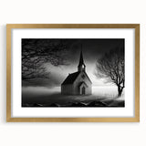 Textured abstract art print of a church in muted gold and white tones on a framed canvas, suitable for bedroom decor.
