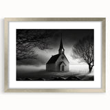 Abstract art print of a church, rendered in muted grays and blues on a framed silver mat, suitable for dining room decor.