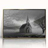 Mid-century modernist art of a church in muted gold and white tones on a framed acrylic, ideal for nursery wall decor.