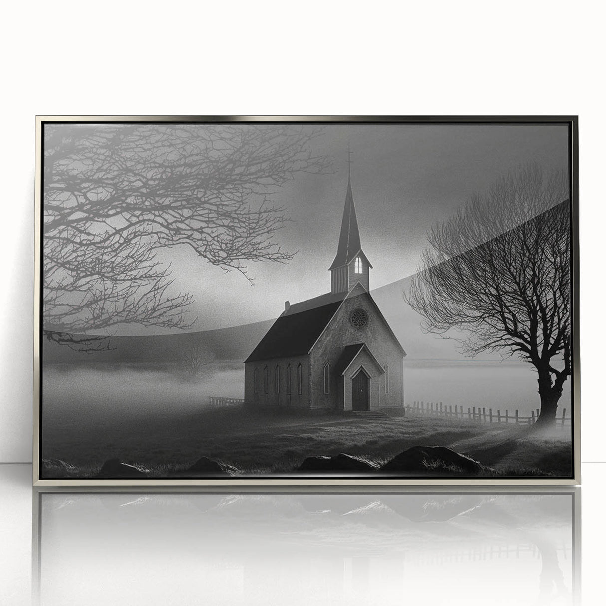 Art deco poster of a church in muted silver and gray tones on acrylic, ideal for modern bedroom ambiance.